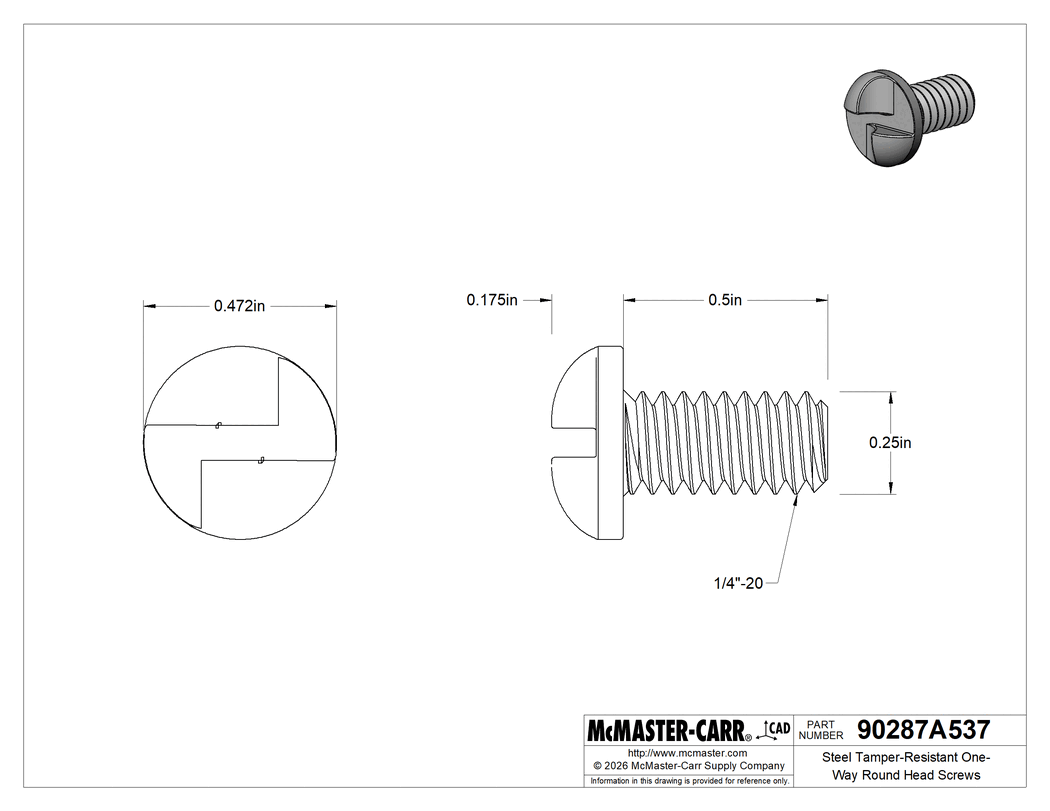 Technical Drawing of Steel Tamper-Resistant One-Way Round Head Screws, 1/4"-20 Thread Size, 1/2" Long.
